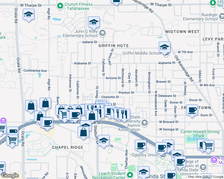 map of restaurants, bars, coffee shops, grocery stores, and more near 1005 Joe Louis St in Tallahassee