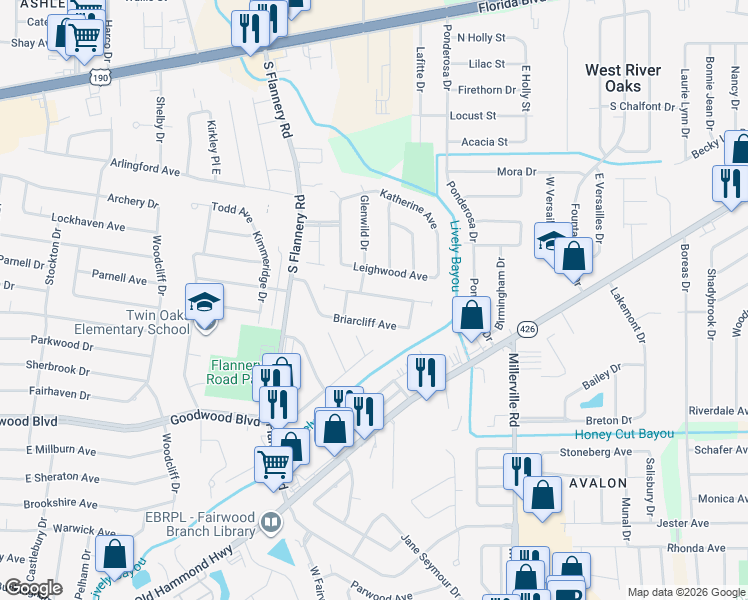map of restaurants, bars, coffee shops, grocery stores, and more near 13730 Brookview Avenue in Baton Rouge
