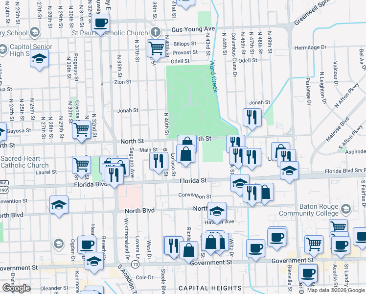 map of restaurants, bars, coffee shops, grocery stores, and more near 2 Live Oak Boulevard in Baton Rouge