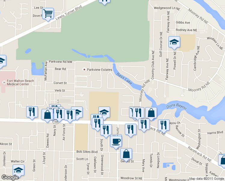 map of restaurants, bars, coffee shops, grocery stores, and more near 26 Oakdale Road Northwest in Fort Walton Beach