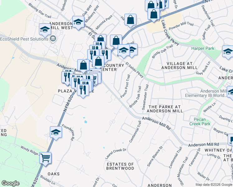 map of restaurants, bars, coffee shops, grocery stores, and more near 11506 Tanglebriar Trail in Austin