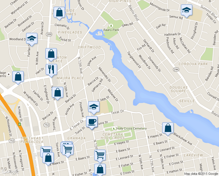 map of restaurants, bars, coffee shops, grocery stores, and more near 3780 Molaree Drive in Pensacola