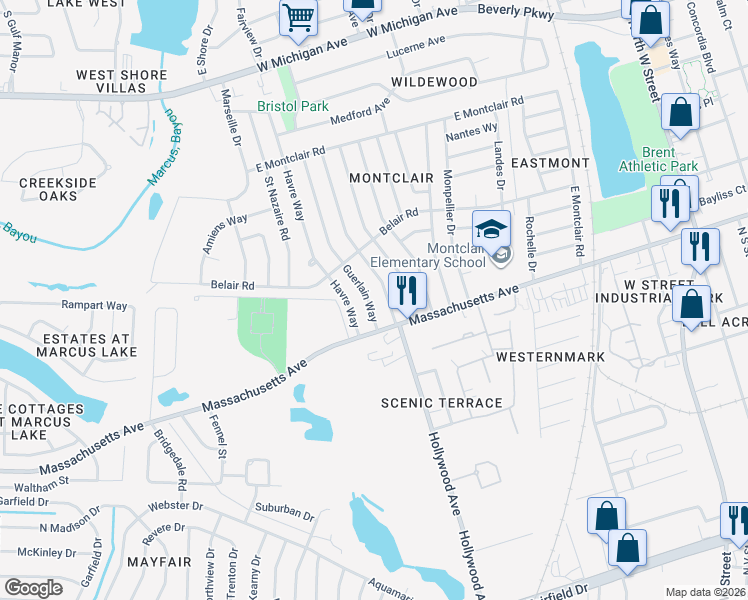 map of restaurants, bars, coffee shops, grocery stores, and more near 4408 Guerlain Way in Pensacola