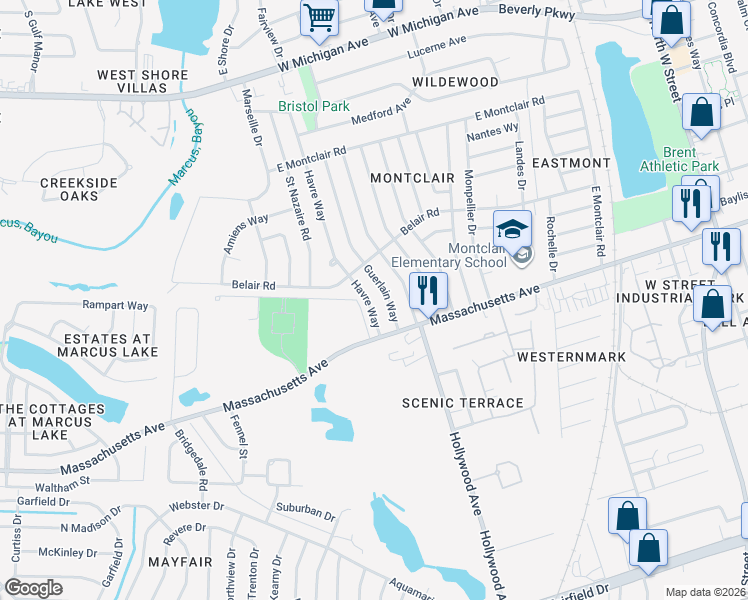 map of restaurants, bars, coffee shops, grocery stores, and more near 4408 Guerlain Way in Pensacola