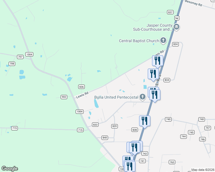 map of restaurants, bars, coffee shops, grocery stores, and more near 705 County Road 835 in Buna