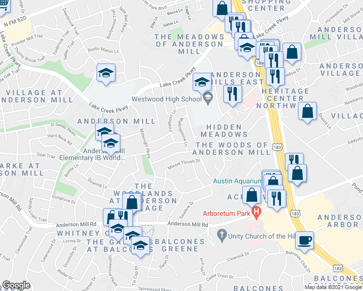 map of restaurants, bars, coffee shops, grocery stores, and more near 10303 Timbercrest Lane in Austin