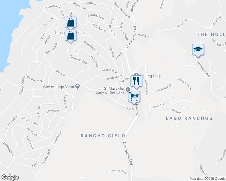 map of restaurants, bars, coffee shops, grocery stores, and more near 20311 Dawn Drive in Lago Vista