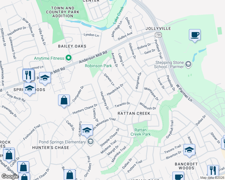 map of restaurants, bars, coffee shops, grocery stores, and more near 8106 Hendricks Drive in Austin
