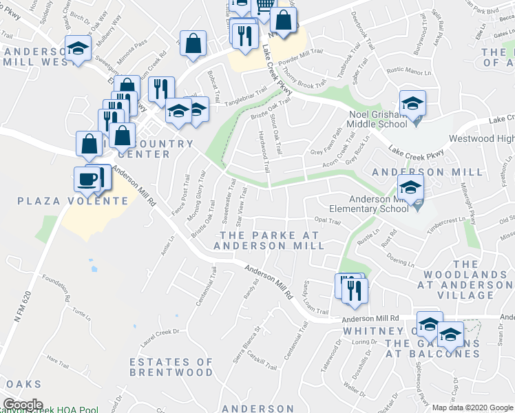 map of restaurants, bars, coffee shops, grocery stores, and more near 11701 Wind Song Cove in Austin