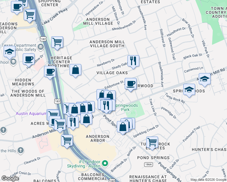map of restaurants, bars, coffee shops, grocery stores, and more near 12503 Parkland Drive in Austin