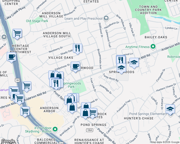 map of restaurants, bars, coffee shops, grocery stores, and more near 12702 Sherbourne Street in Austin