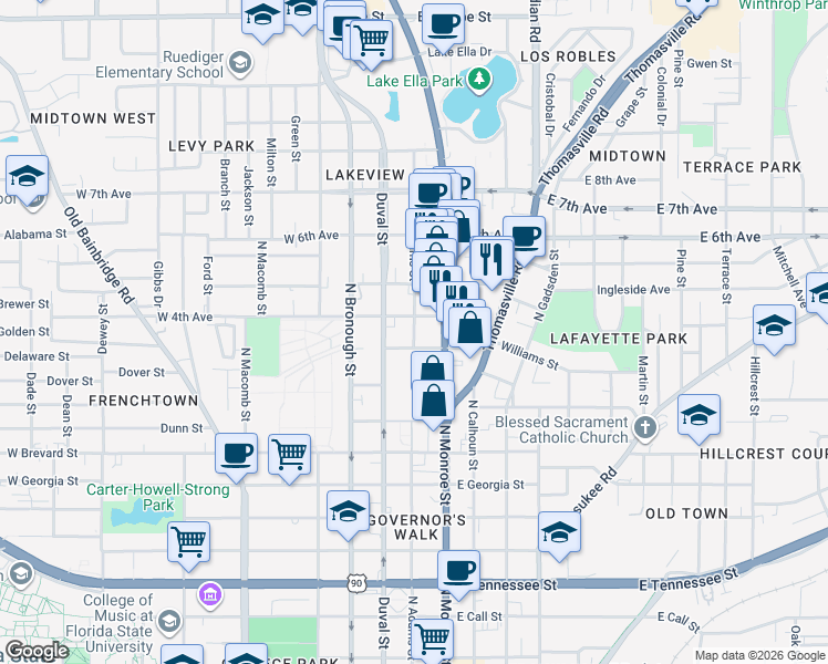 map of restaurants, bars, coffee shops, grocery stores, and more near 1003 North Adams Street in Tallahassee