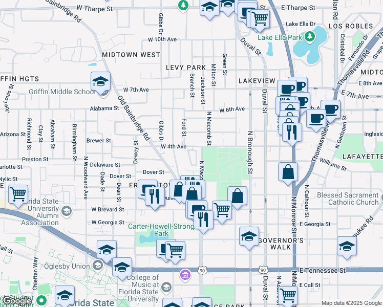 map of restaurants, bars, coffee shops, grocery stores, and more near 950 Edgehill Circle in Tallahassee