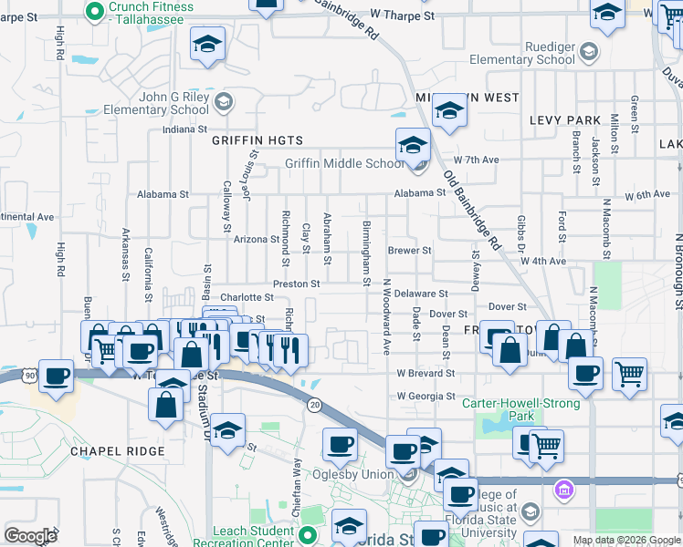 map of restaurants, bars, coffee shops, grocery stores, and more near 1008 Ellington Court in Tallahassee