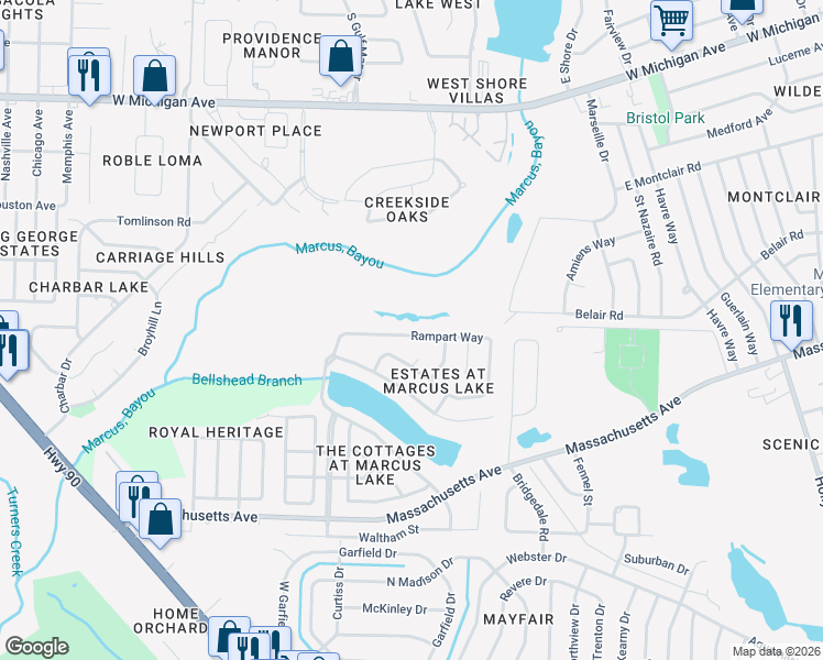 map of restaurants, bars, coffee shops, grocery stores, and more near 7072 Rampart Way in Pensacola