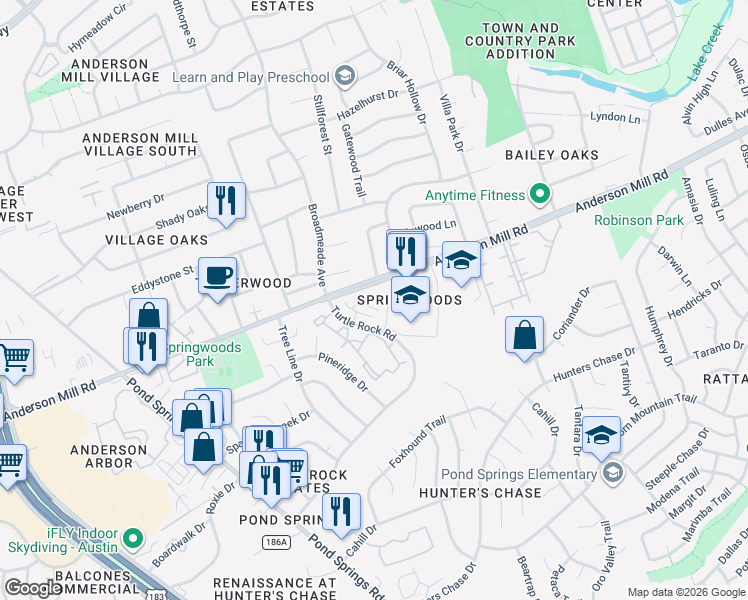 map of restaurants, bars, coffee shops, grocery stores, and more near 8915 Anderson Mill Road in Austin