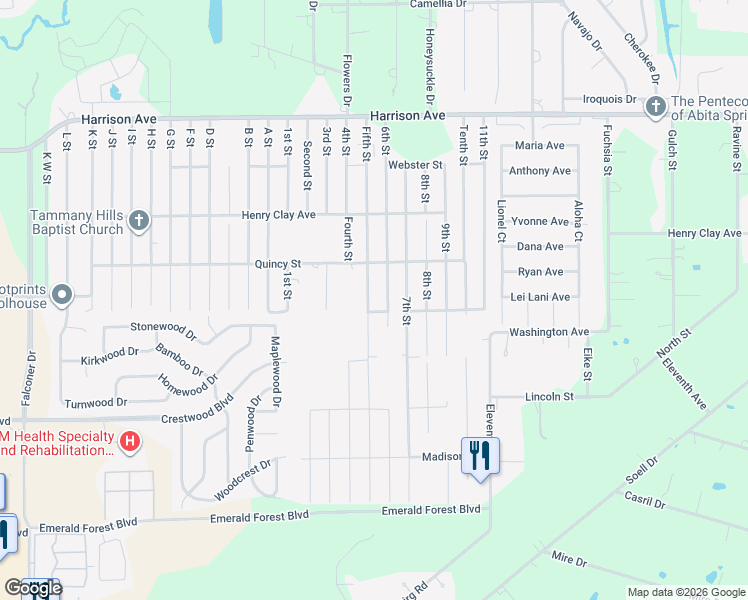 map of restaurants, bars, coffee shops, grocery stores, and more near 70272 Fifth Street in Covington
