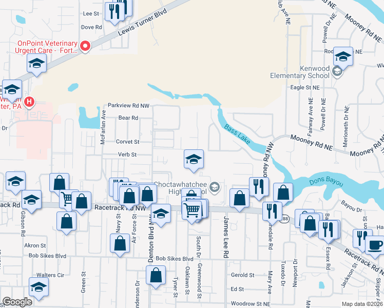 map of restaurants, bars, coffee shops, grocery stores, and more near 28 Cinderella Lane Northwest in Fort Walton Beach