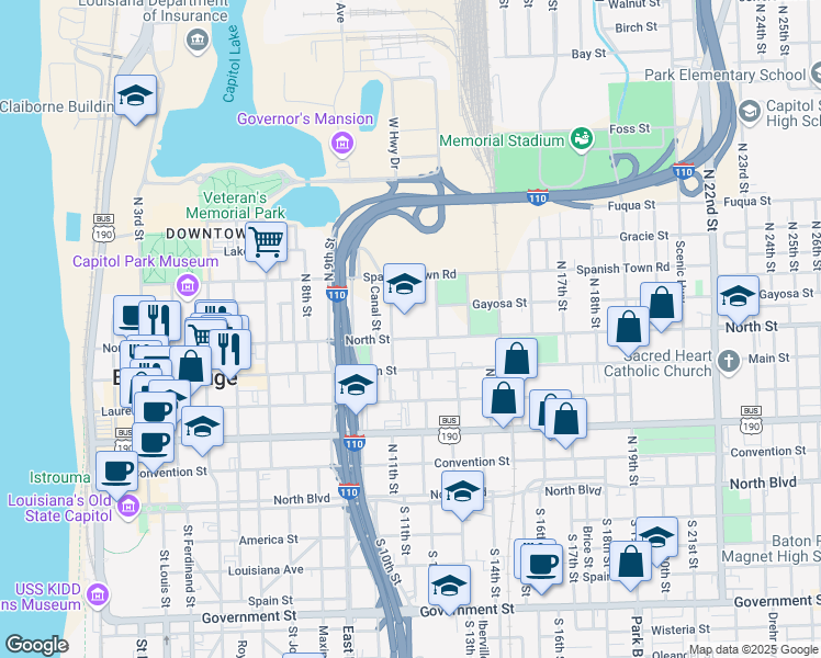map of restaurants, bars, coffee shops, grocery stores, and more near 1143 North Street in Baton Rouge