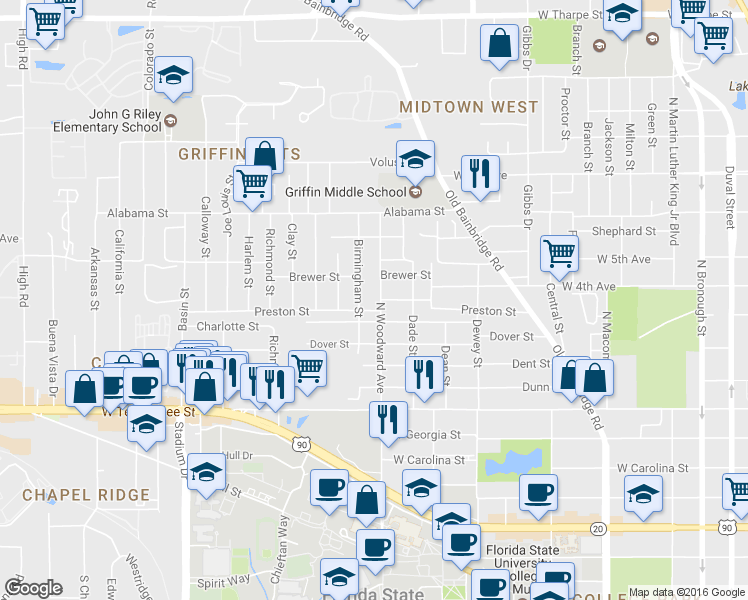 map of restaurants, bars, coffee shops, grocery stores, and more near 1020 North Woodward Avenue in Tallahassee
