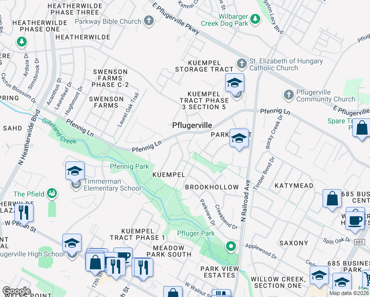 map of restaurants, bars, coffee shops, grocery stores, and more near 17007 Brewer Blackbird Drive in Pflugerville