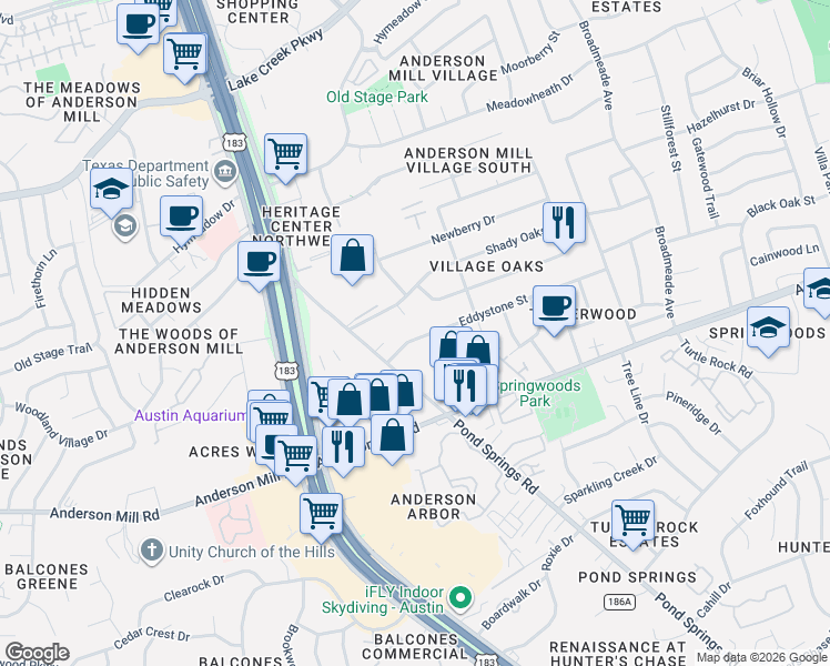 map of restaurants, bars, coffee shops, grocery stores, and more near 9508 Eddystone Street in Austin