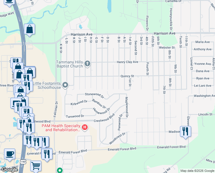 map of restaurants, bars, coffee shops, grocery stores, and more near 70273 D Street in Covington