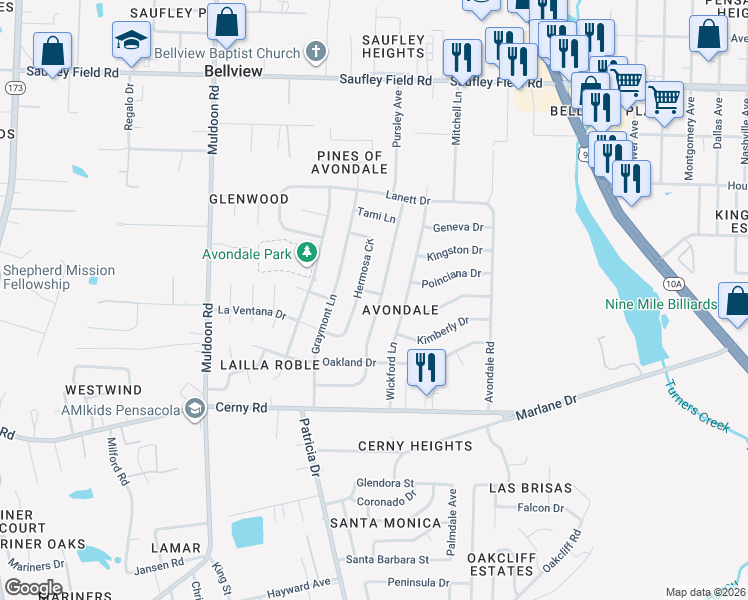 map of restaurants, bars, coffee shops, grocery stores, and more near 5719 Ventura Lane in Pensacola