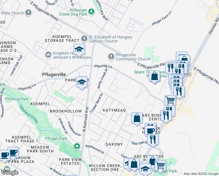 map of restaurants, bars, coffee shops, grocery stores, and more near 1420 Walden Pond Drive in Pflugerville