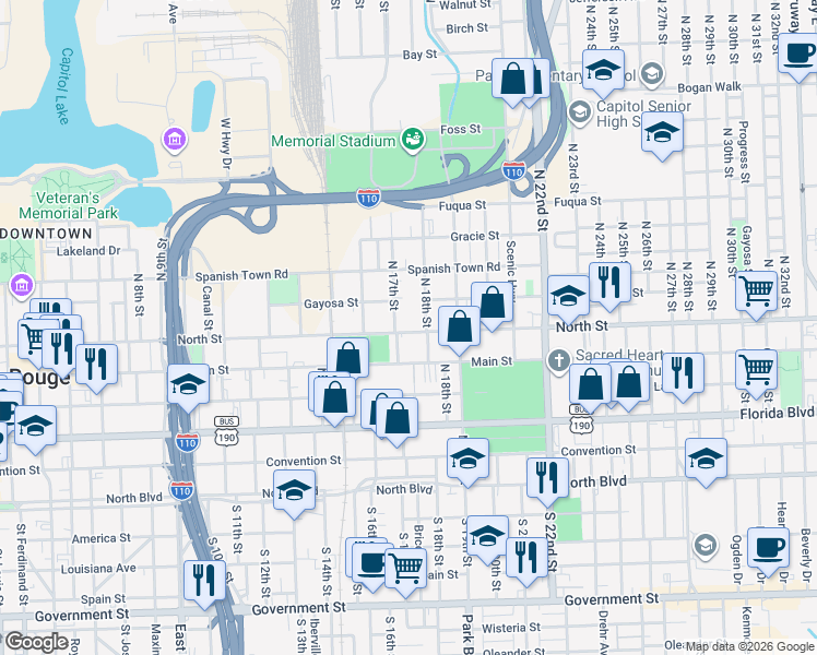 map of restaurants, bars, coffee shops, grocery stores, and more near 43 North Street in Baton Rouge