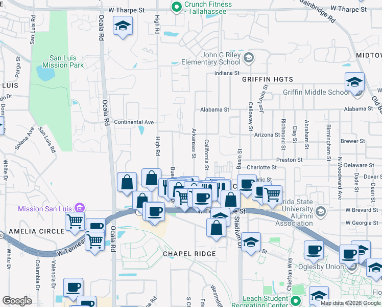 map of restaurants, bars, coffee shops, grocery stores, and more near 816 Arkansas Street in Tallahassee