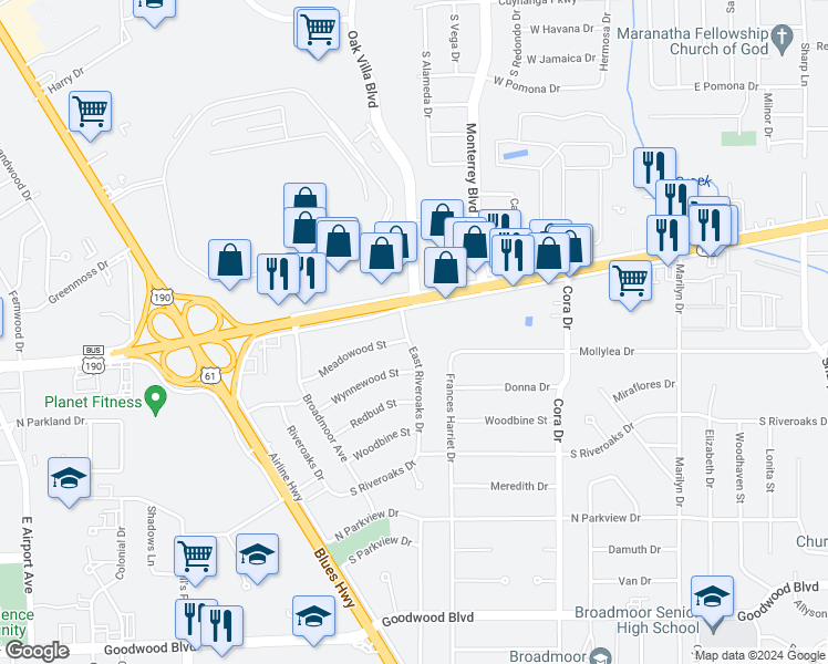 map of restaurants, bars, coffee shops, grocery stores, and more near 155 East Riveroaks Drive in Baton Rouge