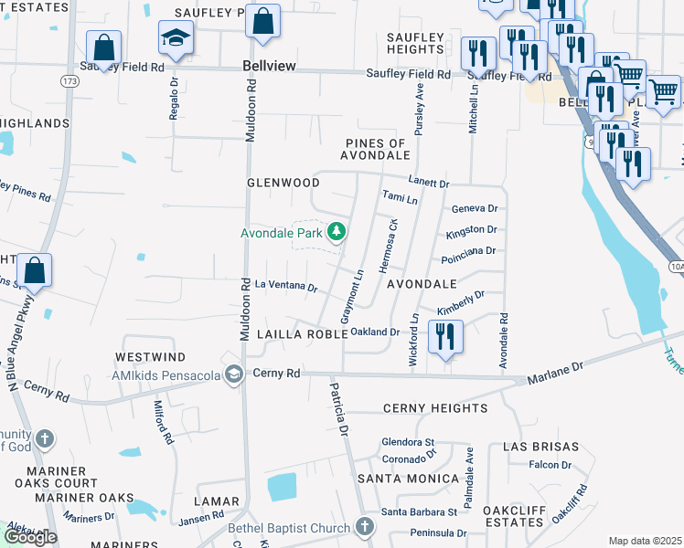 map of restaurants, bars, coffee shops, grocery stores, and more near 5720 Vestavia Lane in Pensacola