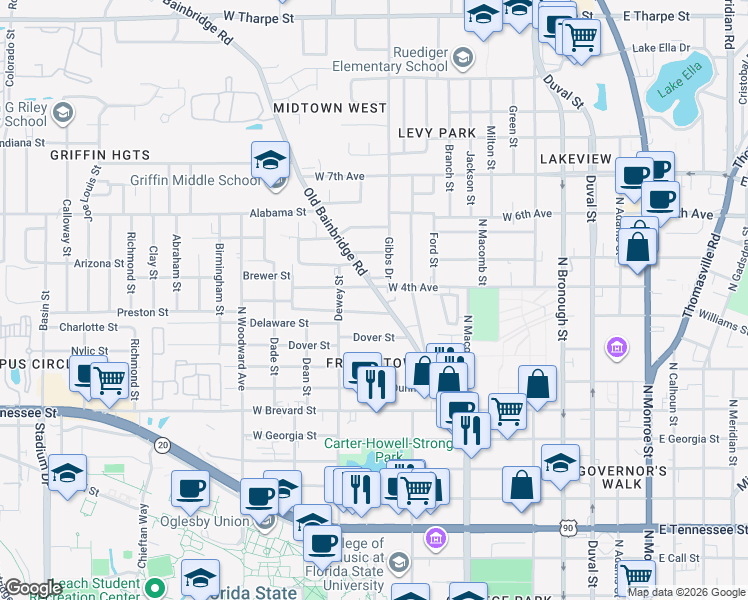 map of restaurants, bars, coffee shops, grocery stores, and more near 1016 Old Bainbridge Road in Tallahassee