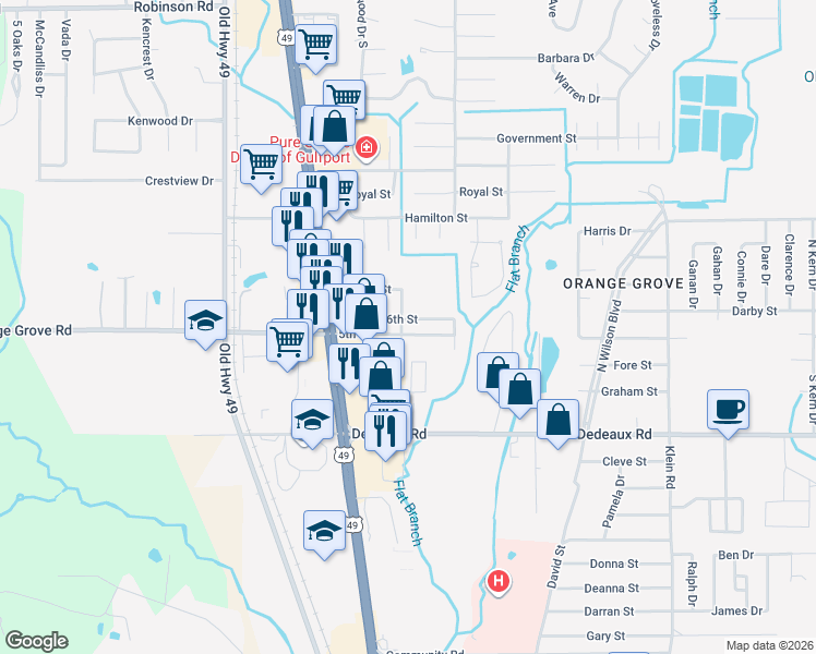 map of restaurants, bars, coffee shops, grocery stores, and more near 11418 New Orleans Avenue in Gulfport