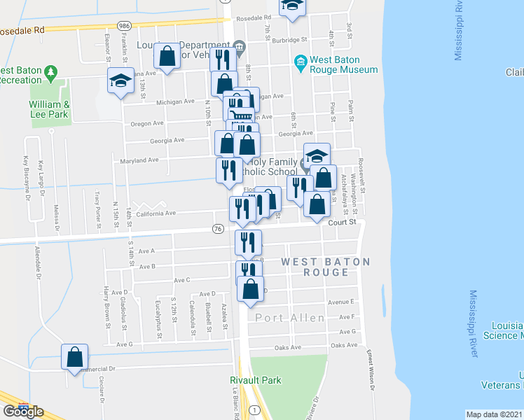 map of restaurants, bars, coffee shops, grocery stores, and more near 747 California Avenue in Port Allen