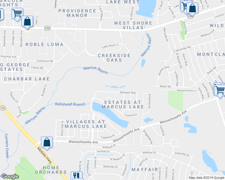 map of restaurants, bars, coffee shops, grocery stores, and more near 7072 Rampart Way in Pensacola
