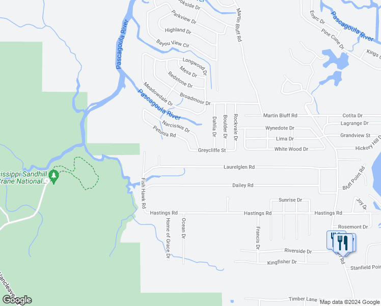 map of restaurants, bars, coffee shops, grocery stores, and more near 2201 Greycliffe Street in Gautier