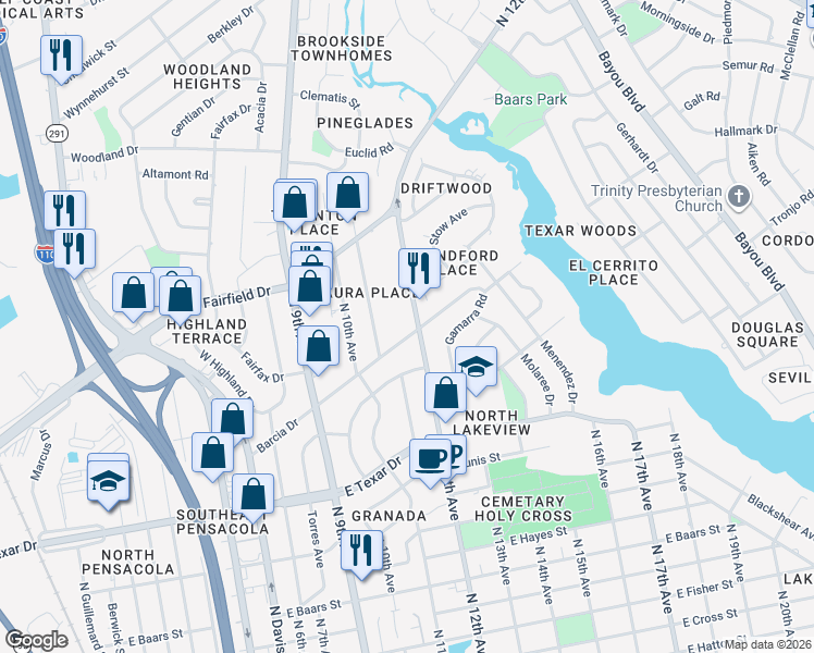 map of restaurants, bars, coffee shops, grocery stores, and more near 1120 Barcia Drive in Pensacola
