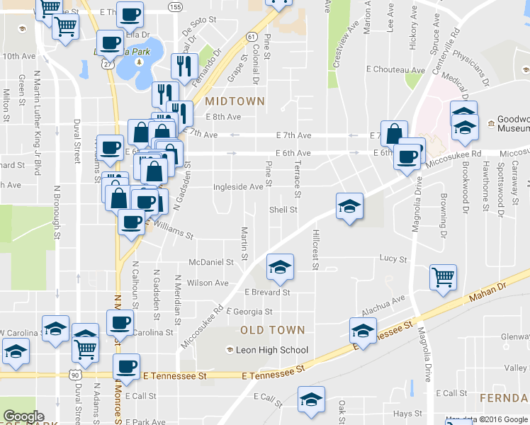 map of restaurants, bars, coffee shops, grocery stores, and more near 1009 Pine Street in Tallahassee