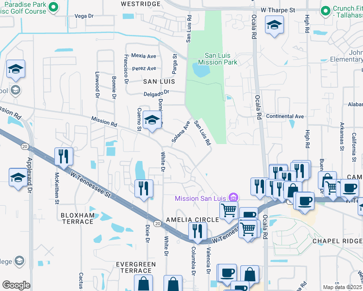 map of restaurants, bars, coffee shops, grocery stores, and more near 2214 West Mission Road in Tallahassee