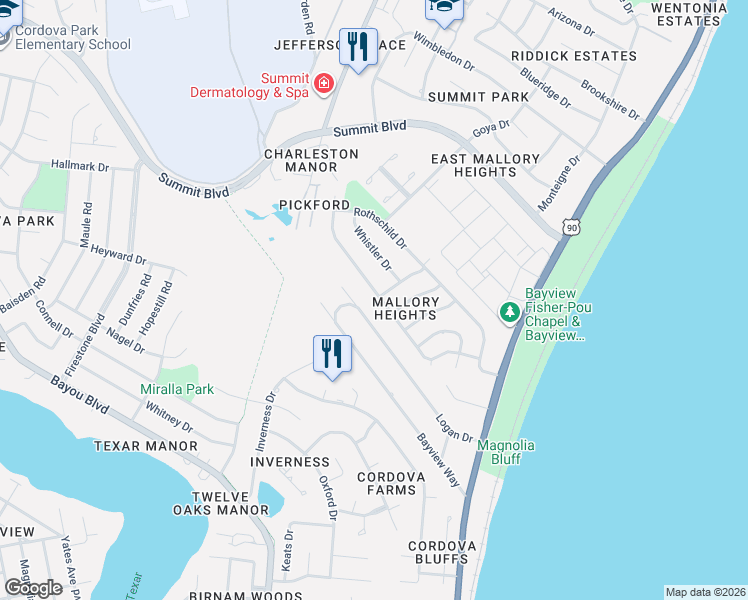 map of restaurants, bars, coffee shops, grocery stores, and more near 3215 Newton Drive in Pensacola