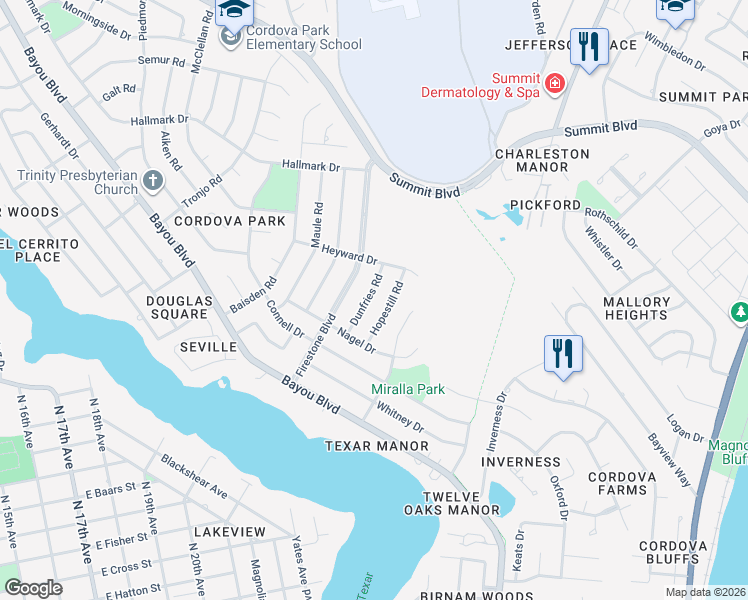 map of restaurants, bars, coffee shops, grocery stores, and more near 3530 Dunfries Road in Pensacola
