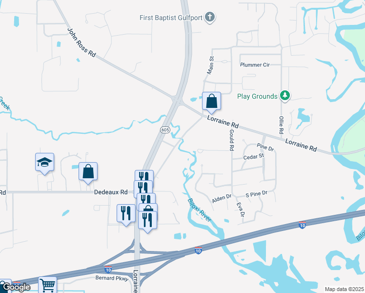 map of restaurants, bars, coffee shops, grocery stores, and more near 11387 Gould Road in Gulfport