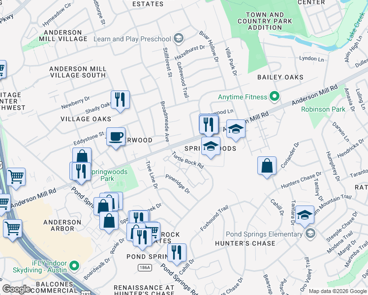 map of restaurants, bars, coffee shops, grocery stores, and more near 8915 Anderson Mill Road in Austin