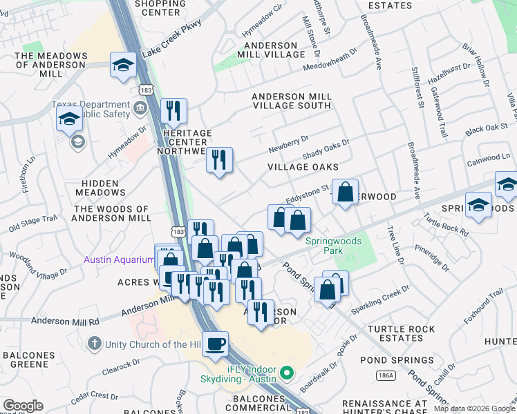 map of restaurants, bars, coffee shops, grocery stores, and more near 9508 Eddystone Street in Austin
