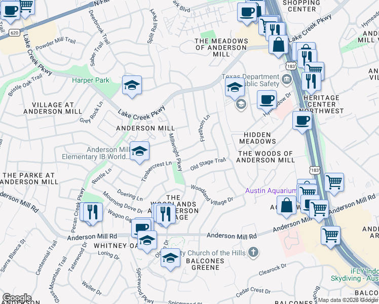 map of restaurants, bars, coffee shops, grocery stores, and more near 10317 Timbercrest Lane in Austin