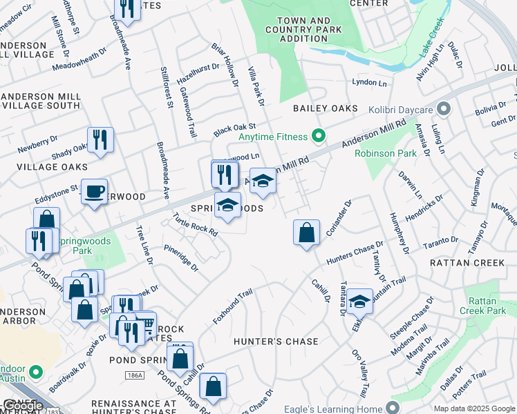 map of restaurants, bars, coffee shops, grocery stores, and more near 8607 Anderson Mill Road in Austin