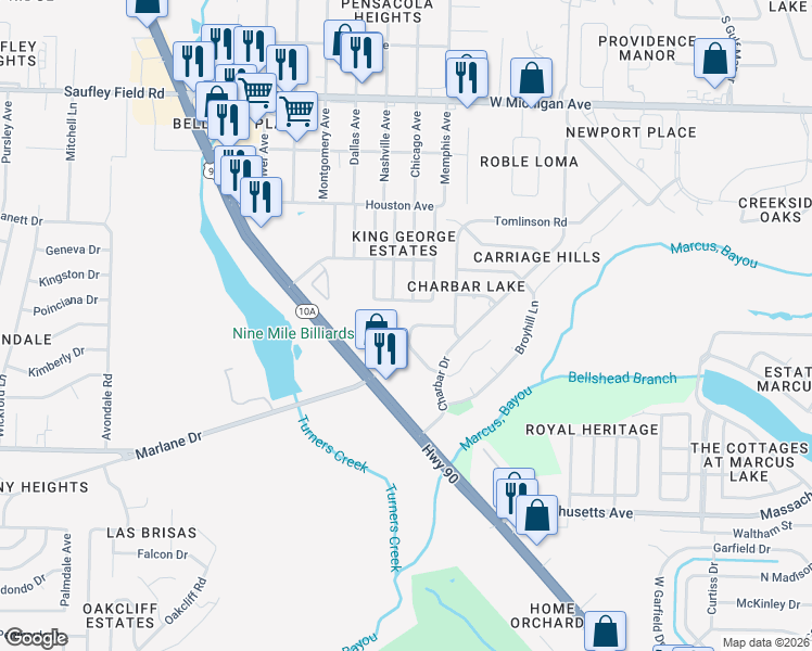 map of restaurants, bars, coffee shops, grocery stores, and more near 2115 Pullman Circle in Pensacola