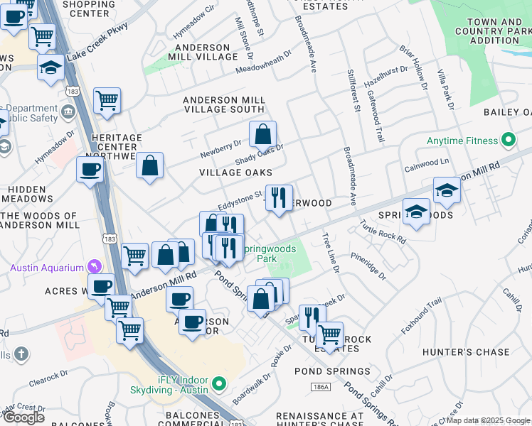 map of restaurants, bars, coffee shops, grocery stores, and more near 9208 Robins Nest Lane in Austin